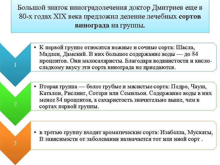 Большой знаток виноградолечения доктор Дмитриев еще в 80 -х годах XIX века предложил деление