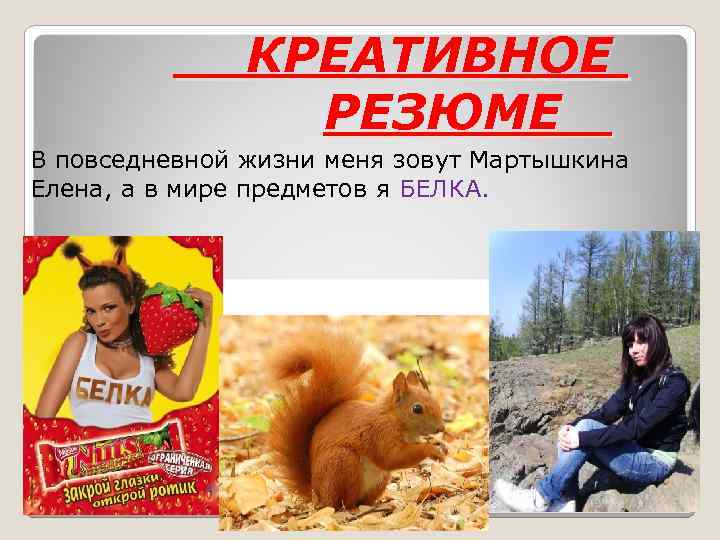 КРЕАТИВНОЕ РЕЗЮМЕ В повседневной жизни меня зовут Мартышкина Елена, а в мире предметов я