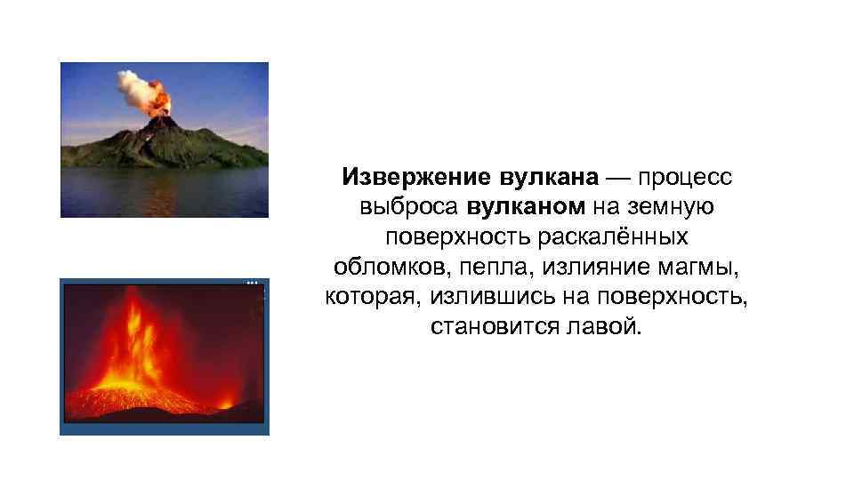 Извержение вулкана — процесс выброса вулканом на земную поверхность раскалённых обломков, пепла, излияние магмы,