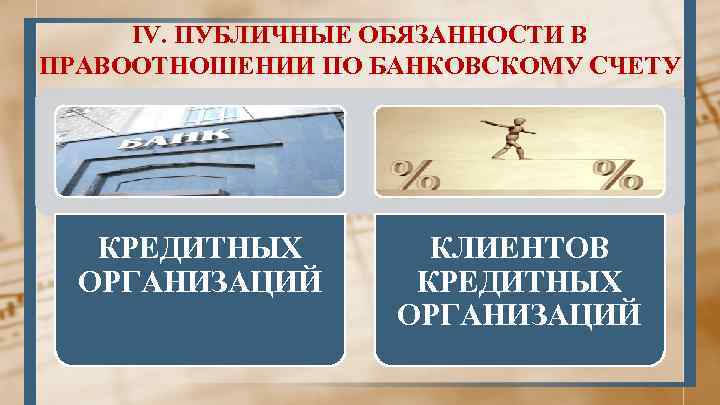 IV. ПУБЛИЧНЫЕ ОБЯЗАННОСТИ В ПРАВООТНОШЕНИИ ПО БАНКОВСКОМУ СЧЕТУ КРЕДИТНЫХ ОРГАНИЗАЦИЙ КЛИЕНТОВ КРЕДИТНЫХ ОРГАНИЗАЦИЙ 