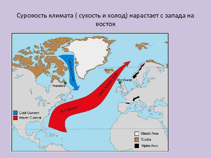 Суровость климата ( сухость и холод) нарастает с запада на восток 