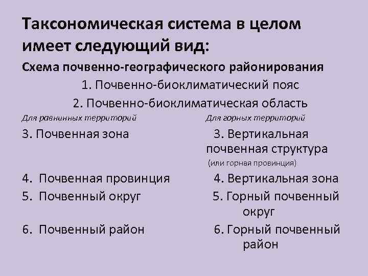 Таксономическая система в целом имеет следующий вид: Схема почвенно-географического районирования 1. Почвенно-биоклиматический пояс 2.