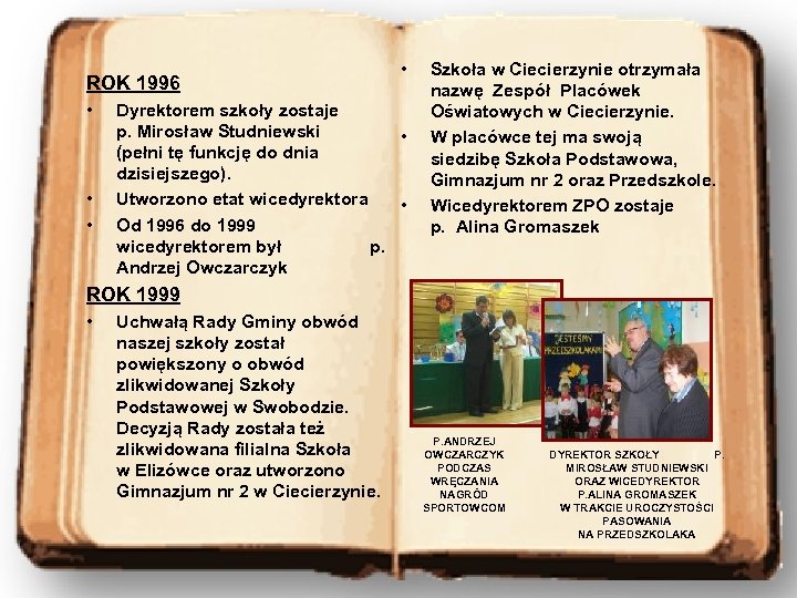ROK 1996 • • Dyrektorem szkoły zostaje p. Mirosław Studniewski • (pełni tę funkcję