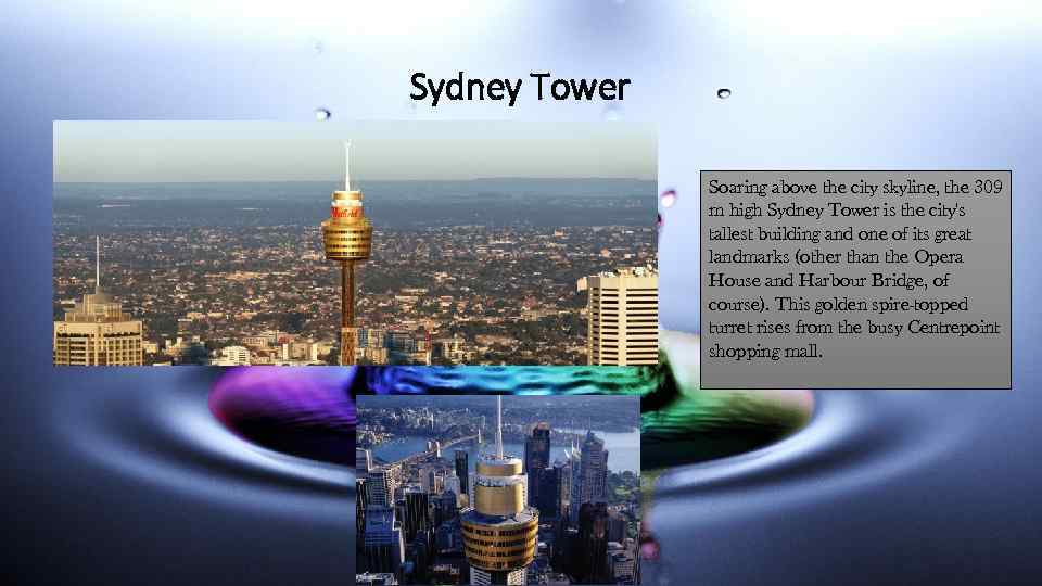 Sydney Tower Soaring above the city skyline, the 309 m high Sydney Tower is