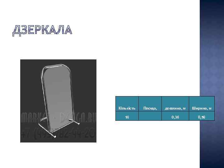Кількість 16 Площа, довжина, м Ширина, м 0, 36 0, 56 