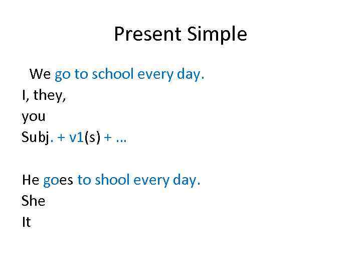 Present Simple We go to school every day. I, they, you Subj. + v