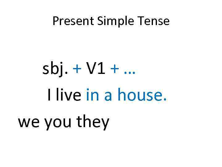 Present Simple Tense sbj. + V 1 + … I live in a house.