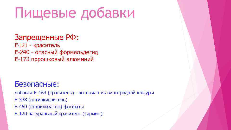 Пищевые добавки Запрещенные РФ: Е-121 - краситель Е-240 - опасный формальдегид Е-173 порошковый алюминий