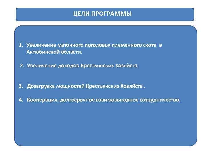 ЦЕЛИ ПРОГРАММЫ 1. Увеличение маточного поголовья племенного скота в Актюбинской области. 2. Увеличение доходов