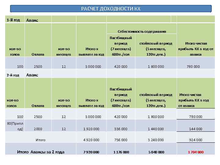 РАСЧЕТ ДОХОДНОСТИ КХ 1 -й год Аванс Себестоимость содержания кол-во голов 100 2 -й