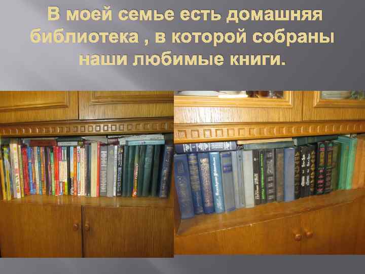 В моей семье есть домашняя библиотека , в которой собраны наши любимые книги. 