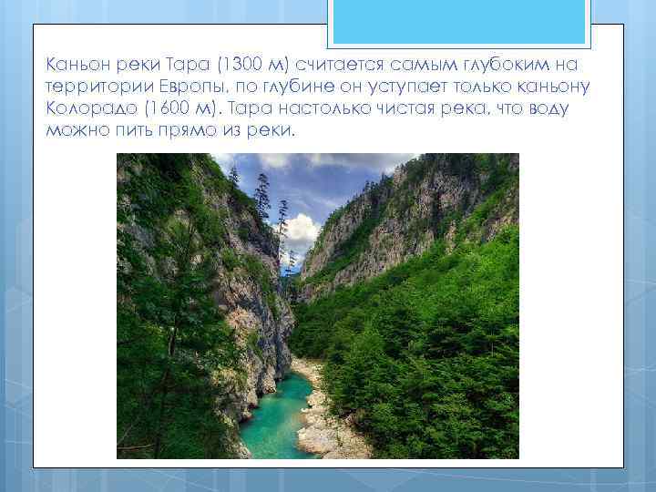Каньон реки Тара (1300 м) считается самым глубоким на территории Европы, по глубине он