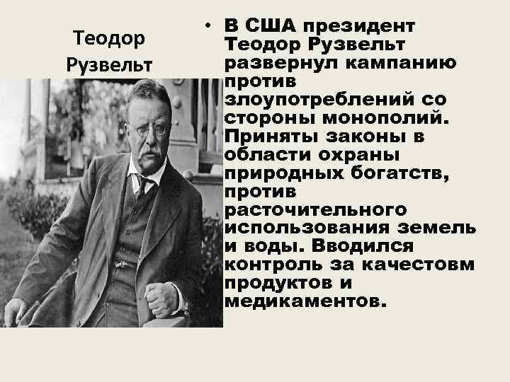 Теодор Рузвельт • В США президент Теодор Рузвельт развернул кампанию против злоупотреблений со стороны