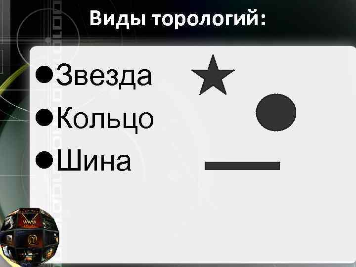 Виды торологий: l. Звезда l. Кольцо l. Шина 