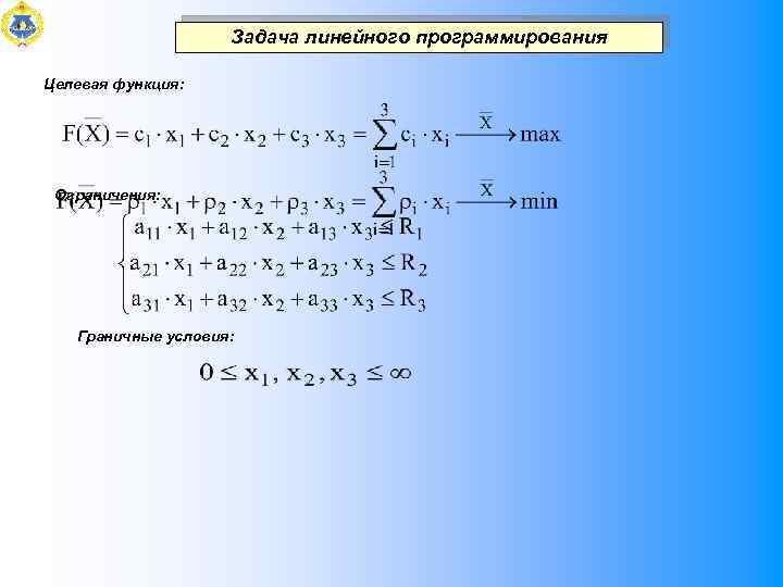 Задача линейного программирования Целевая функция: Ограничения: Граничные условия: 