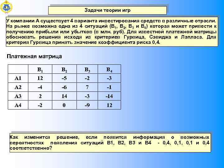 Задачи теории игр У компании А существует 4 варианта инвестирования средств в различные отрасли.