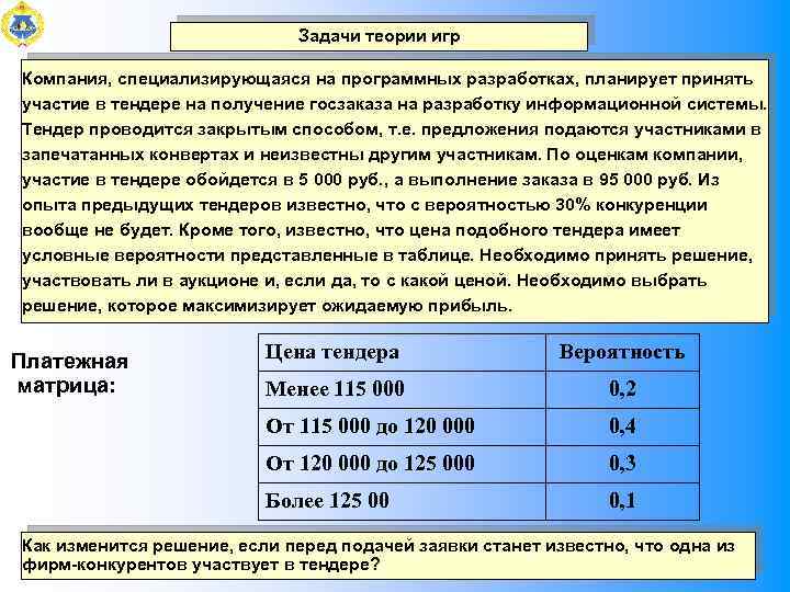 Задачи теории игр Компания, специализирующаяся на программных разработках, планирует принять участие в тендере на