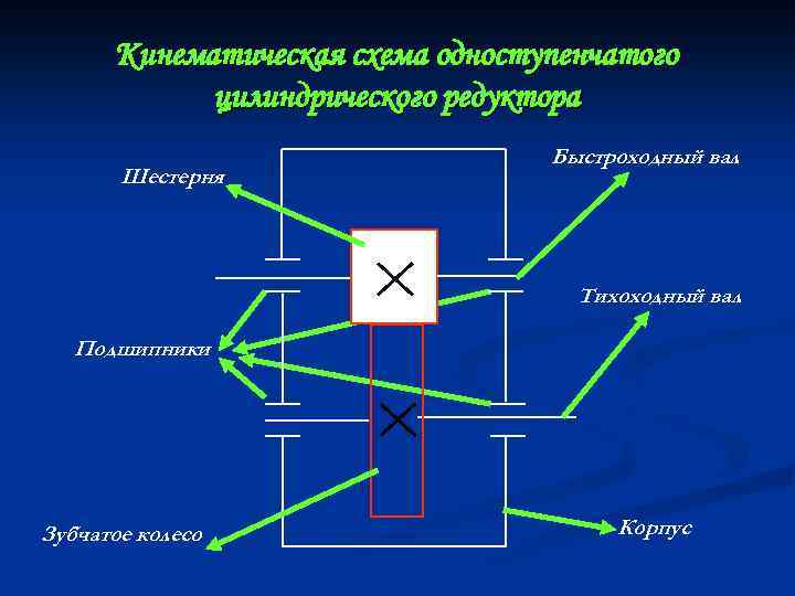 Кинематическая схема одноступенчатого цилиндрического редуктора Шестерня Быстроходный вал Тихоходный вал Подшипники Зубчатое колесо Корпус