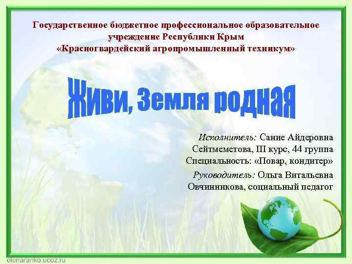 Государственное бюджетное профессиональное образовательное учреждение Республики Крым «Красногвардейский агропромышленный техникум» Исполнитель: Сание Айдеровна Сейтмеметова,
