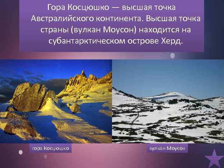 Гора Косцюшко — высшая точка Австралийского континента. Высшая точка страны (вулкан Моусон) находится на