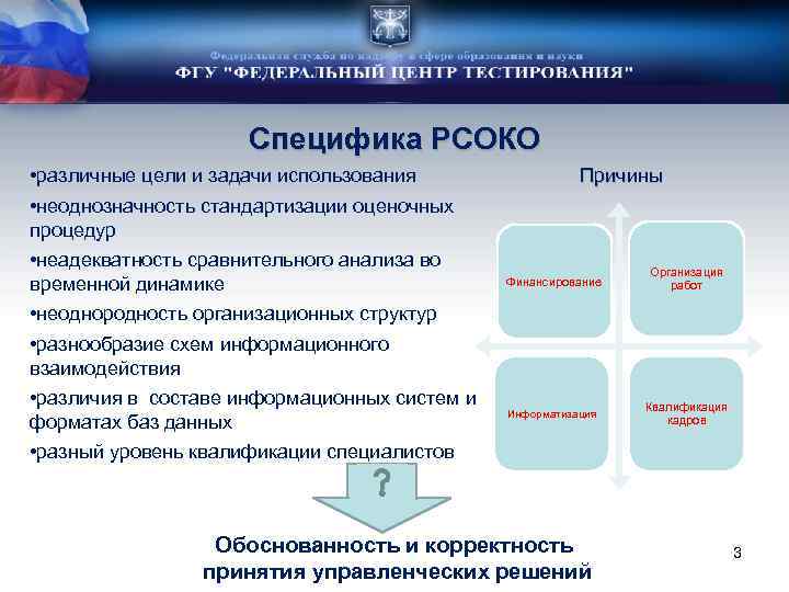 Специфика РСОКО • различные цели и задачи использования • неоднозначность стандартизации оценочных процедур •