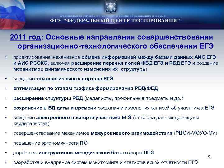 2011 год: Основные направления совершенствования организационно-технологического обеспечения ЕГЭ • проектирование механизмов обмена информацией между