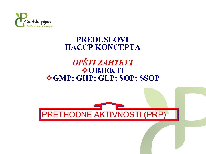 PREDUSLOVI HACCP KONCEPTA OPŠTI ZAHTEVI v. OBJEKTI v. GMP; GHP; GLP; SOP; SSOP PRETHODNE