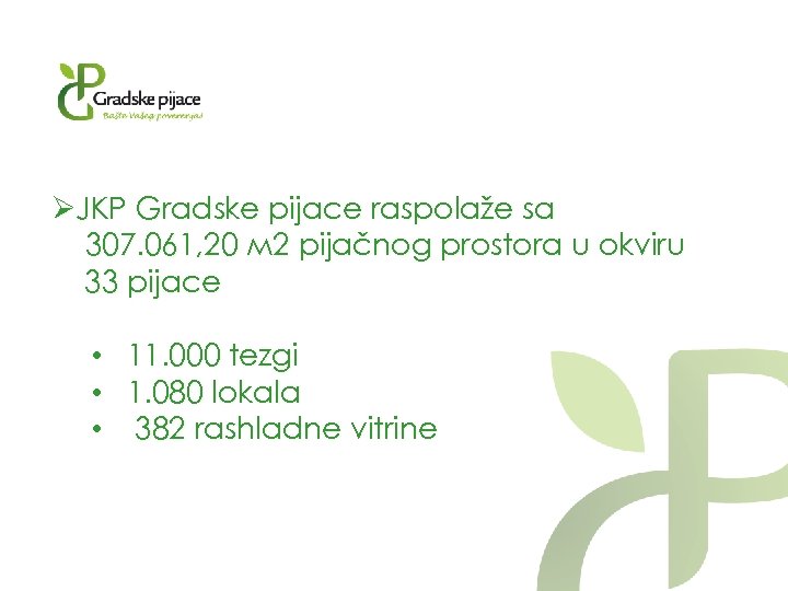 ØJKP Gradske pijace raspolaže sa 307. 061, 20 м 2 pijačnog prostora u okviru