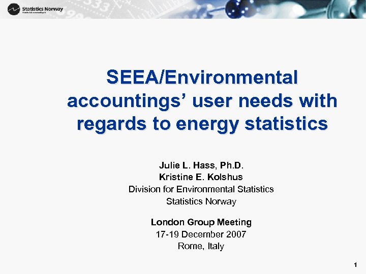 1 SEEA/Environmental accountings’ user needs with regards to energy statistics Julie L. Hass, Ph.