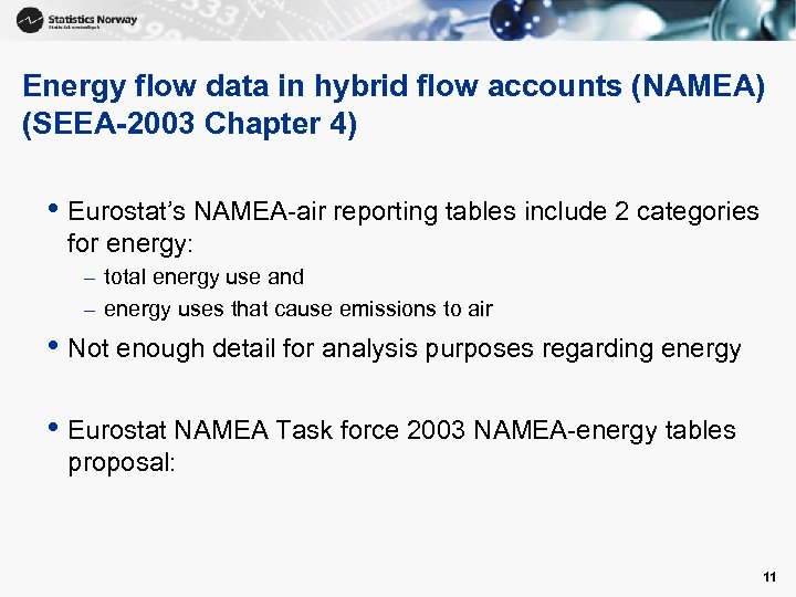 Energy flow data in hybrid flow accounts (NAMEA) (SEEA-2003 Chapter 4) • Eurostat’s NAMEA-air