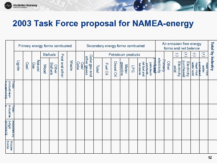 2003 Task Force proposal for NAMEA-energy Electricity purchased Electricity sold Heat +hot water purchased