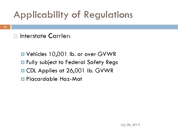 Applicability of Regulations 15 Interstate Carrier: Vehicles 10, 001 lb. or over GVWR Fully