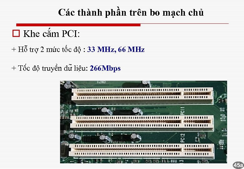 Các thành phần trên bo mạch chủ o Khe cắm PCI: + Hỗ trợ