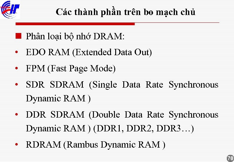Các thành phần trên bo mạch chủ n Phân loại bộ nhớ DRAM: •