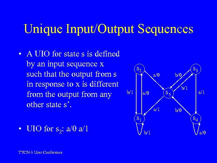 Unique Input/Output Sequences • A UIO for state s is defined by an input