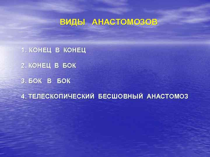 ВИДЫ АНАСТОМОЗОВ 1. КОНЕЦ В КОНЕЦ 2. КОНЕЦ В БОК 3. БОК В БОК