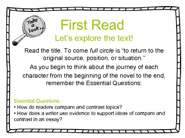 First Read Let’s explore the text! Read the title. To come full circle is