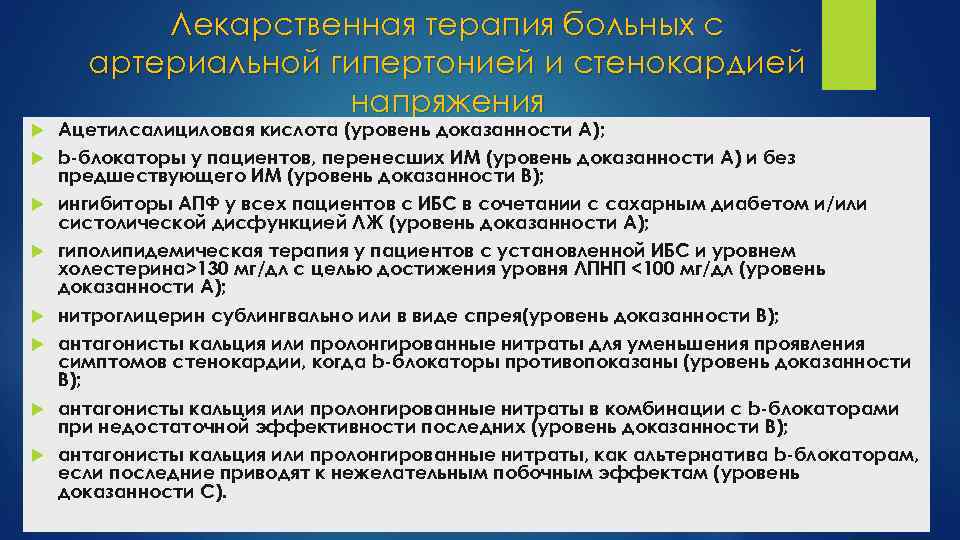 Лекарственная терапия больных с артериальной гипертонией и стенокардией напряжения Ацетилсалициловая кислота (уровень доказанности А);