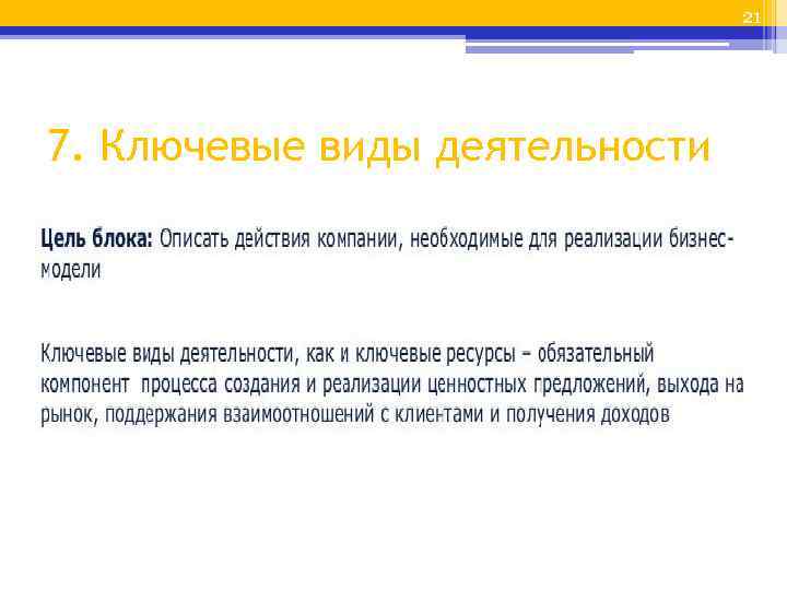 21 7. Ключевые виды деятельности 