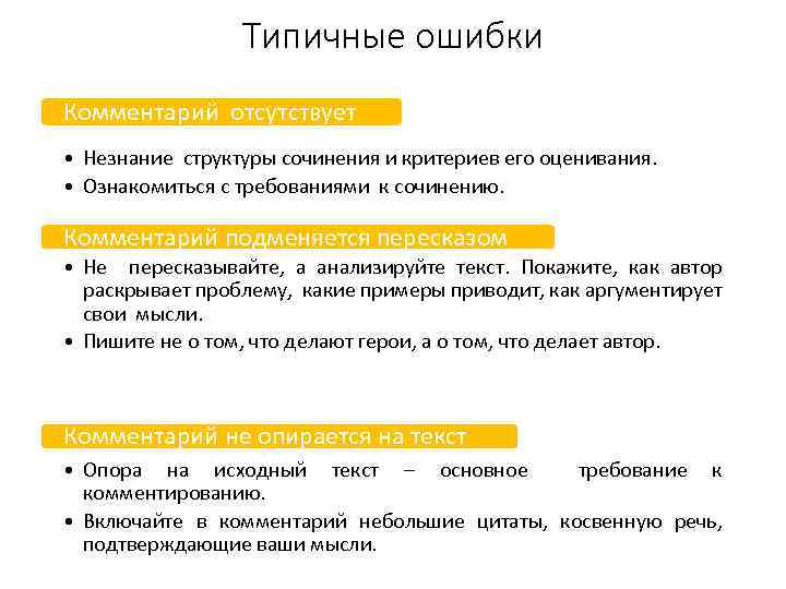 Типичные ошибки Комментарий отсутствует • Незнание структуры сочинения и критериев его оценивания. • Ознакомиться