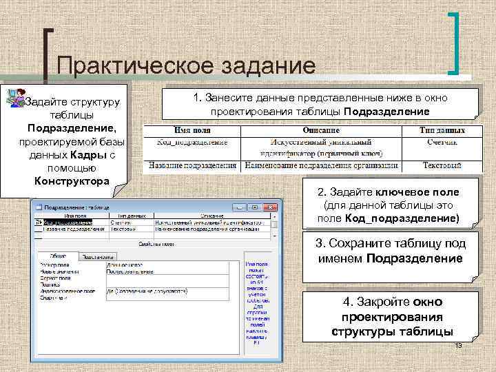 Практическое задание Задайте структуру таблицы Подразделение, проектируемой базы данных Кадры с помощью Конструктора 1.