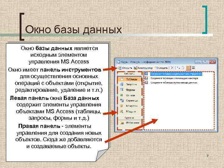 Окно базы данных является исходным элементом управления MS Access Окно имеет панель инструментов для