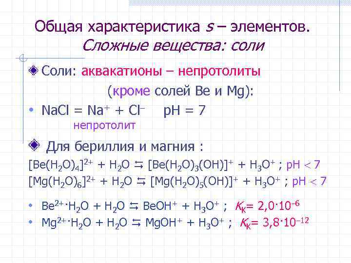 Общая характеристика s – элементов. Сложные вещества: соли Соли: аквакатионы – непротолиты (кроме солей