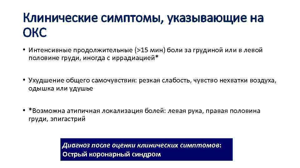 Клинические симптомы, указывающие на ОКС • Интенсивные продолжительные (>15 мин) боли за грудиной или