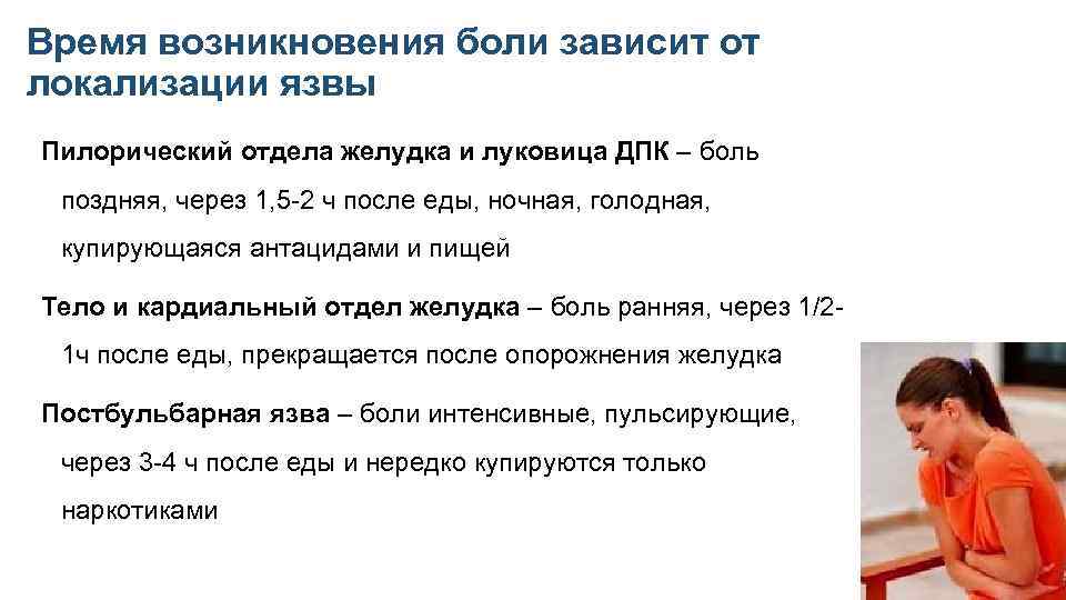 Время возникновения боли зависит от локализации язвы Пилорический отдела желудка и луковица ДПК –