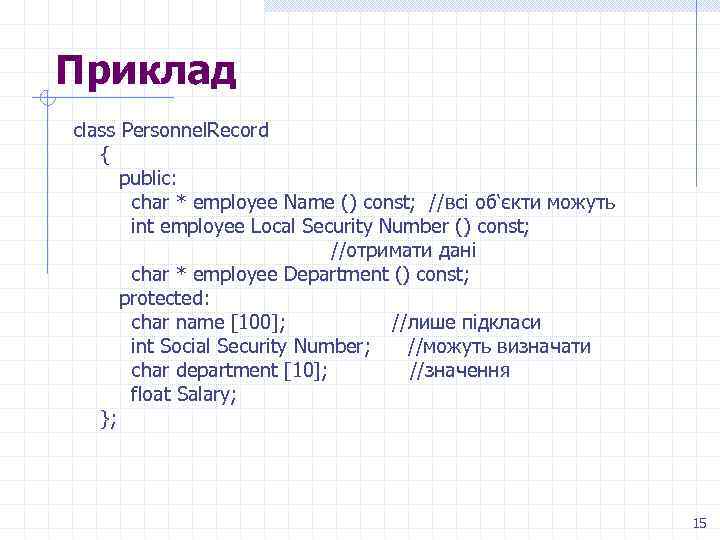 Приклад class Personnel. Record { public: char * employee Name () const; //всі об‘єкти