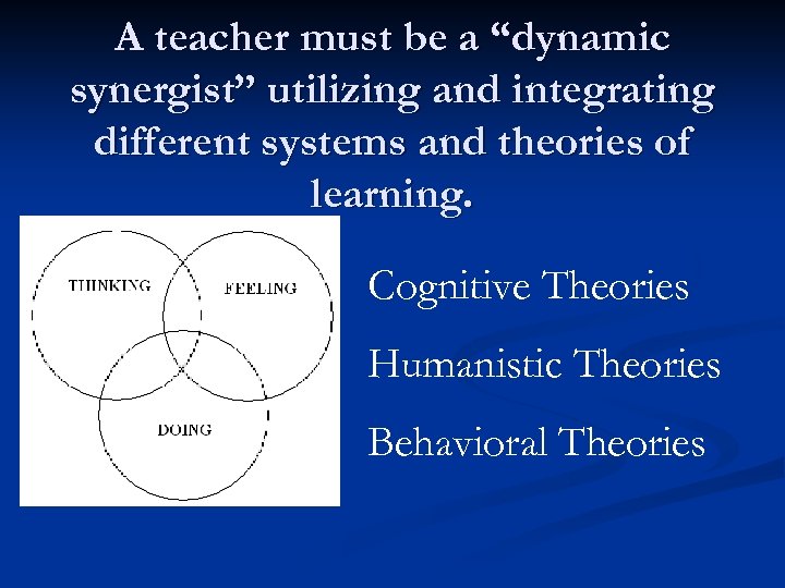 A teacher must be a “dynamic synergist” utilizing and integrating different systems and theories