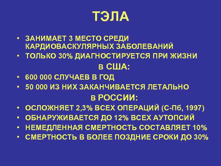 ТЭЛА • ЗАНИМАЕТ 3 МЕСТО СРЕДИ КАРДИОВАСКУЛЯРНЫХ ЗАБОЛЕВАНИЙ • ТОЛЬКО 30% ДИАГНОСТИРУЕТСЯ ПРИ ЖИЗНИ