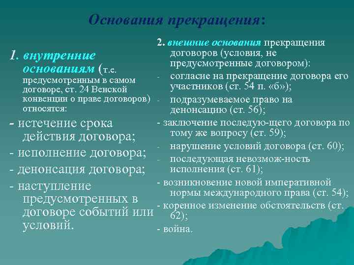 Основания прекращения: 2. внешние основания прекращения договоров (условия, не 1. внутренние предусмотренные договором): основаниям