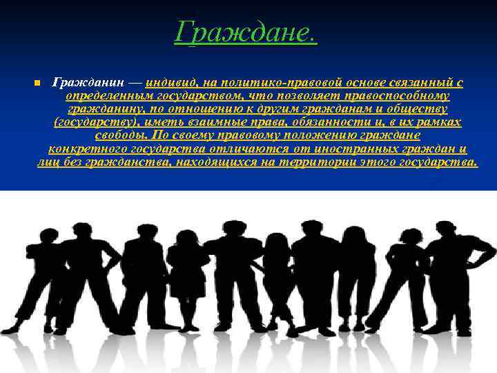 Граждане. Гражданин — индивид, на политико-правовой основе связанный с определенным государством, что позволяет правоспособному